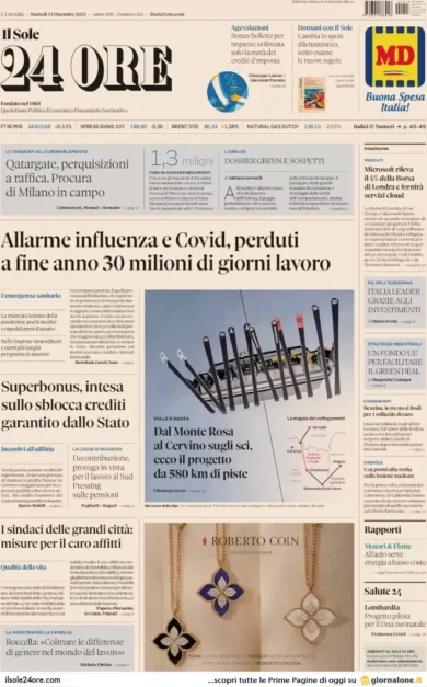 Prime pagine giornali economici 13 dicembre. Superbonus al 110% fino a gennaio