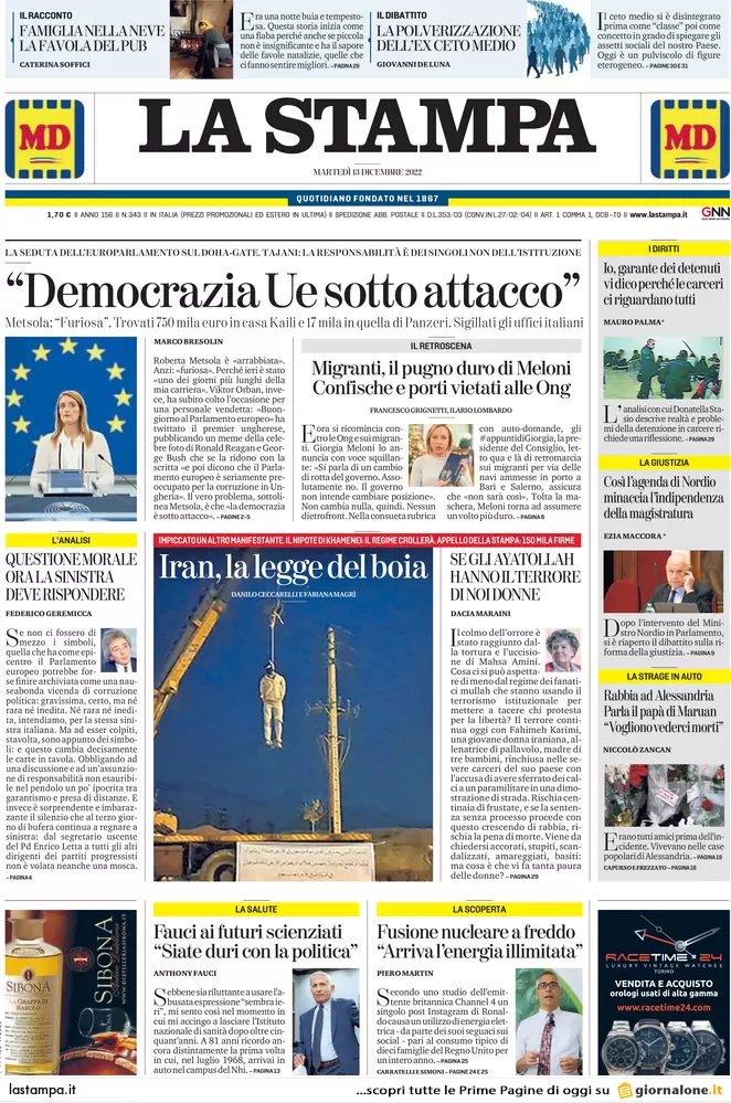 Prime pagine giornali 13 dicembre 2022. Qatar-gate, adesso trema anche il Pd Prime pagine giornali 13 dicembre 2022. Qatar-gate, adesso trema anche il Pd