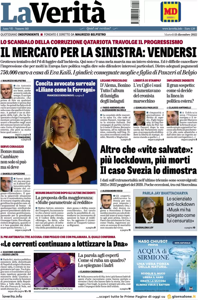 Prime pagine giornali 13 dicembre 2022. Qatar-gate, adesso trema anche il Pd Prime pagine giornali 13 dicembre 2022. Qatar-gate, adesso trema anche il Pd
