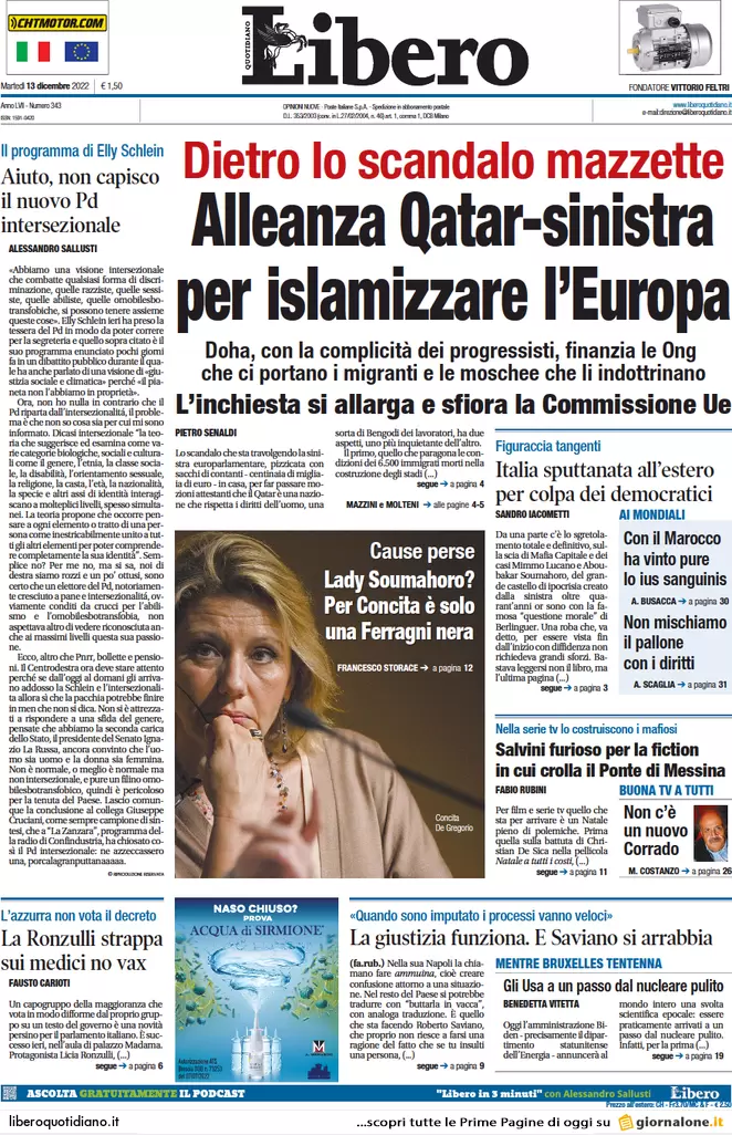 Prime pagine giornali 13 dicembre 2022. Qatar-gate, adesso trema anche il Pd Prime pagine giornali 13 dicembre 2022. Qatar-gate, adesso trema anche il Pd