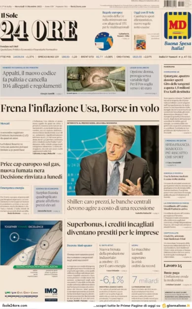 Prime pagine giornali economici 14 dicembre. Manovra, ipotesi Pos a 40 €