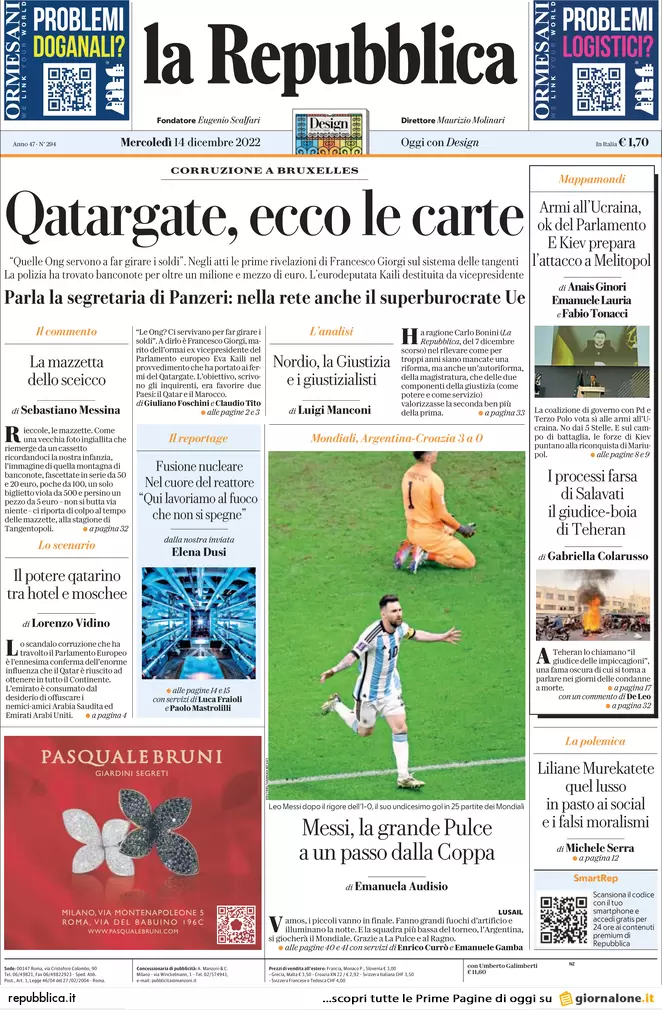 Prime pagine giornali 14 dicembre 2022. Prezzo tetto del gas Ue: fumata nera Prime pagine giornali 14 dicembre 2022. Prezzo tetto del gas Ue: fumata nera