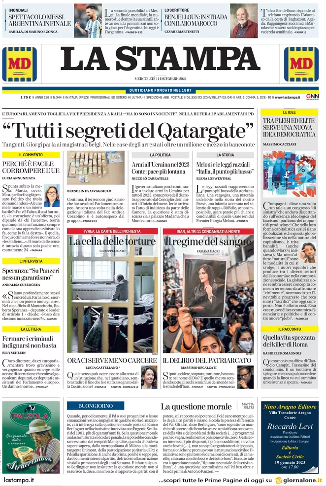 Prime pagine giornali 14 dicembre 2022. Prezzo tetto del gas Ue: fumata nera Prime pagine giornali 14 dicembre 2022. Prezzo tetto del gas Ue: fumata nera