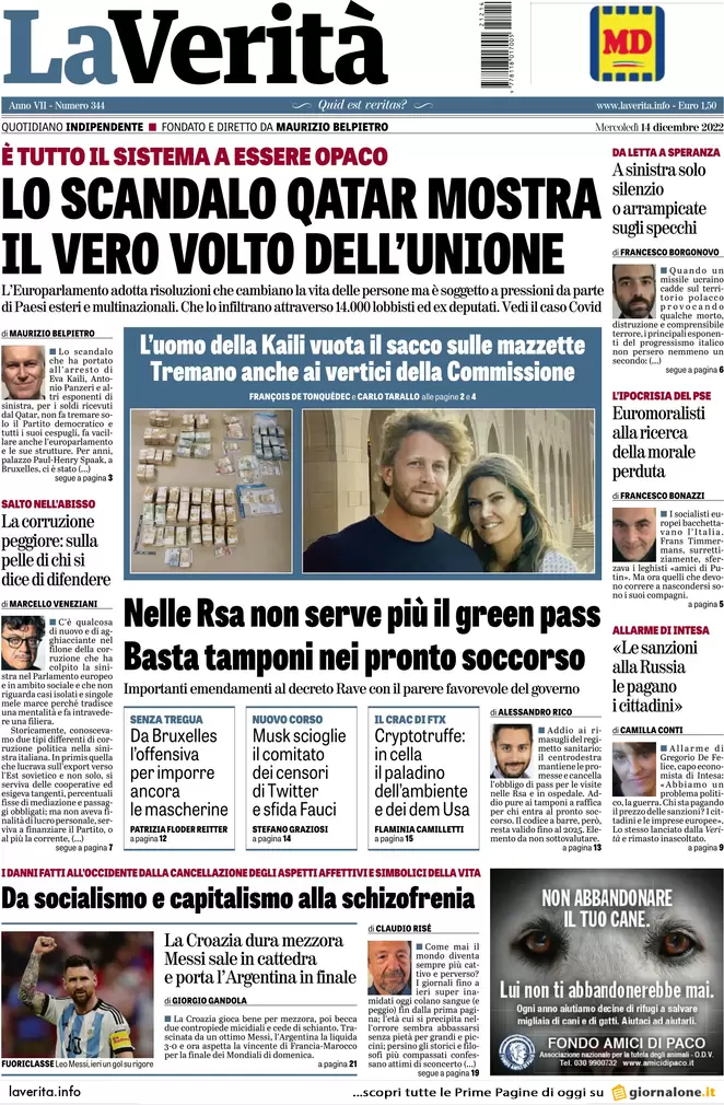 Prime pagine giornali 14 dicembre 2022. Prezzo tetto del gas Ue: fumata nera Prime pagine giornali 14 dicembre 2022. Prezzo tetto del gas Ue: fumata nera