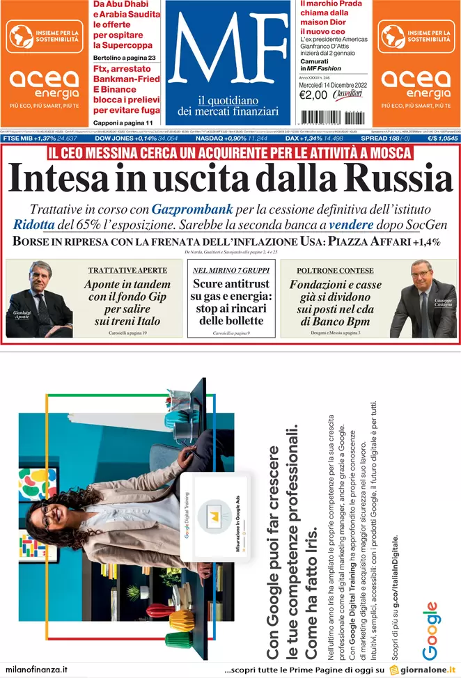 Prime pagine giornali economici 14 dicembre. Manovra, ipotesi Pos a 40 €