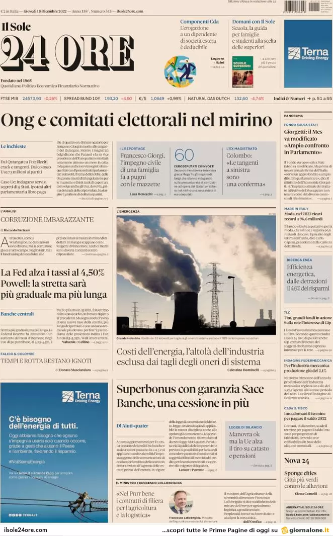 Prime pagine giornali 15 dicembre 2022. Qatar-gate, il marcio arriva dalle Ong Prime pagine giornali 15 dicembre 2022. Qatar-gate, il marcio arriva dalle Ong