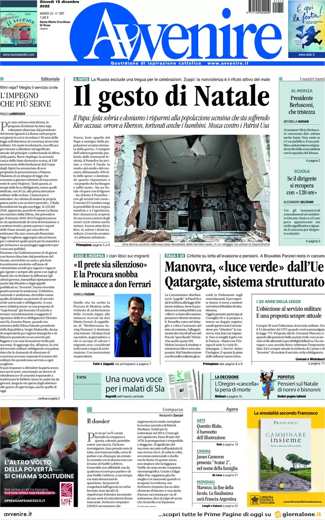 Prime pagine giornali 15 dicembre 2022. Qatar-gate, il marcio arriva dalle Ong Prime pagine giornali 15 dicembre 2022. Qatar-gate, il marcio arriva dalle Ong