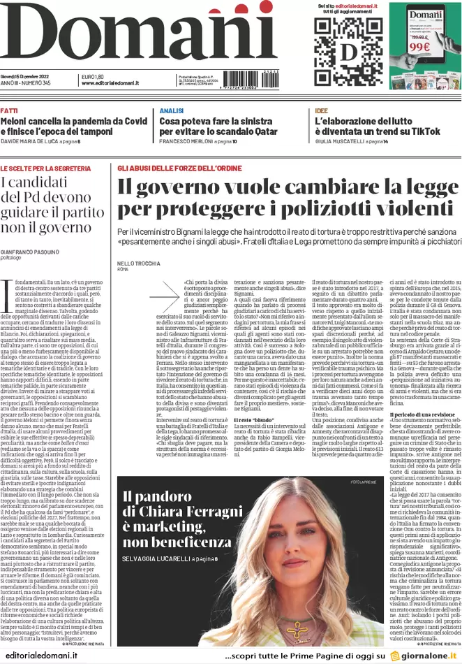 Prime pagine giornali 15 dicembre 2022. Qatar-gate, il marcio arriva dalle Ong Prime pagine giornali 15 dicembre 2022. Qatar-gate, il marcio arriva dalle Ong