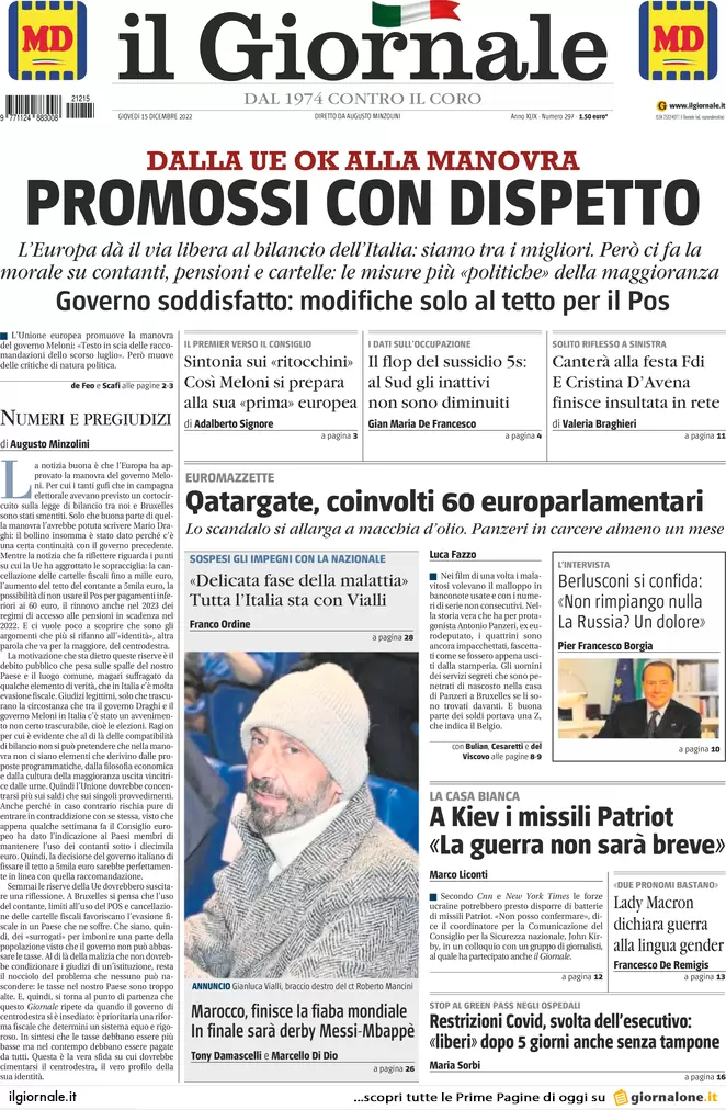 Prime pagine giornali 15 dicembre 2022. Qatar-gate, il marcio arriva dalle Ong Prime pagine giornali 15 dicembre 2022. Qatar-gate, il marcio arriva dalle Ong