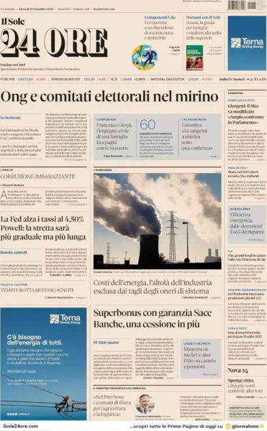 Prime pagine giornali economici 15 dicembre. Superbonus con garanzia Sace