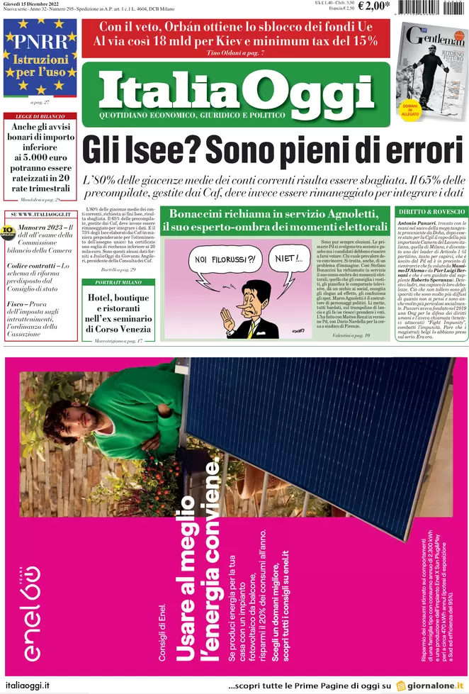 Prime pagine giornali economici 15 dicembre. Superbonus con garanzia Sace