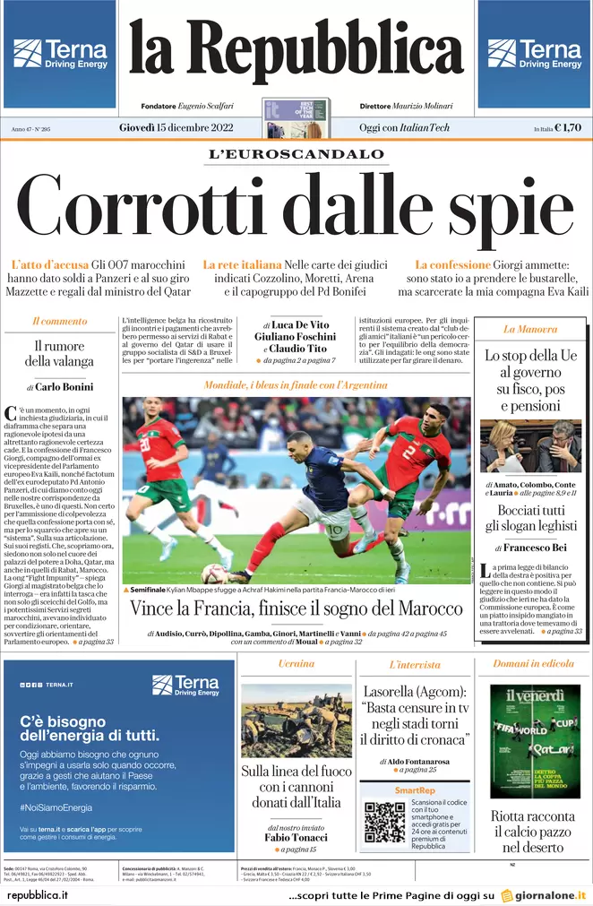 Prime pagine giornali 15 dicembre 2022. Qatar-gate, il marcio arriva dalle Ong Prime pagine giornali 15 dicembre 2022. Qatar-gate, il marcio arriva dalle Ong