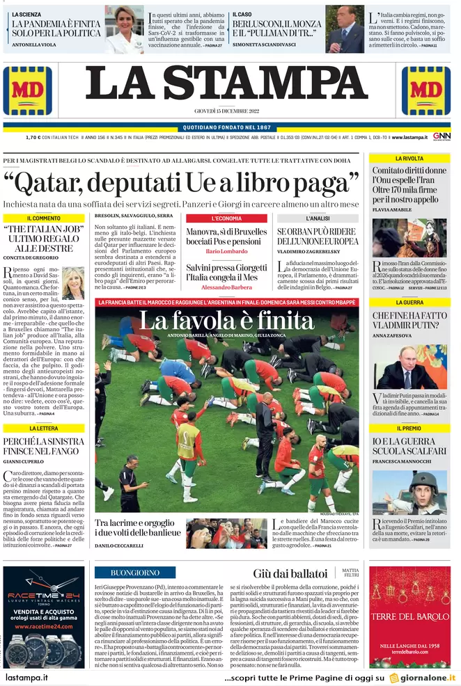 Prime pagine giornali 15 dicembre 2022. Qatar-gate, il marcio arriva dalle Ong Prime pagine giornali 15 dicembre 2022. Qatar-gate, il marcio arriva dalle Ong