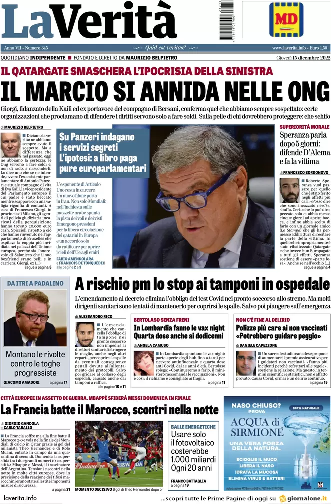 Prime pagine giornali 15 dicembre 2022. Qatar-gate, il marcio arriva dalle Ong Prime pagine giornali 15 dicembre 2022. Qatar-gate, il marcio arriva dalle Ong