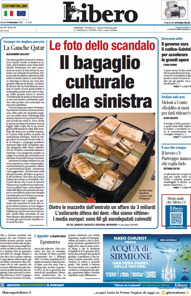 Prime pagine giornali 15 dicembre 2022. Qatar-gate, il marcio arriva dalle Ong Prime pagine giornali 15 dicembre 2022. Qatar-gate, il marcio arriva dalle Ong