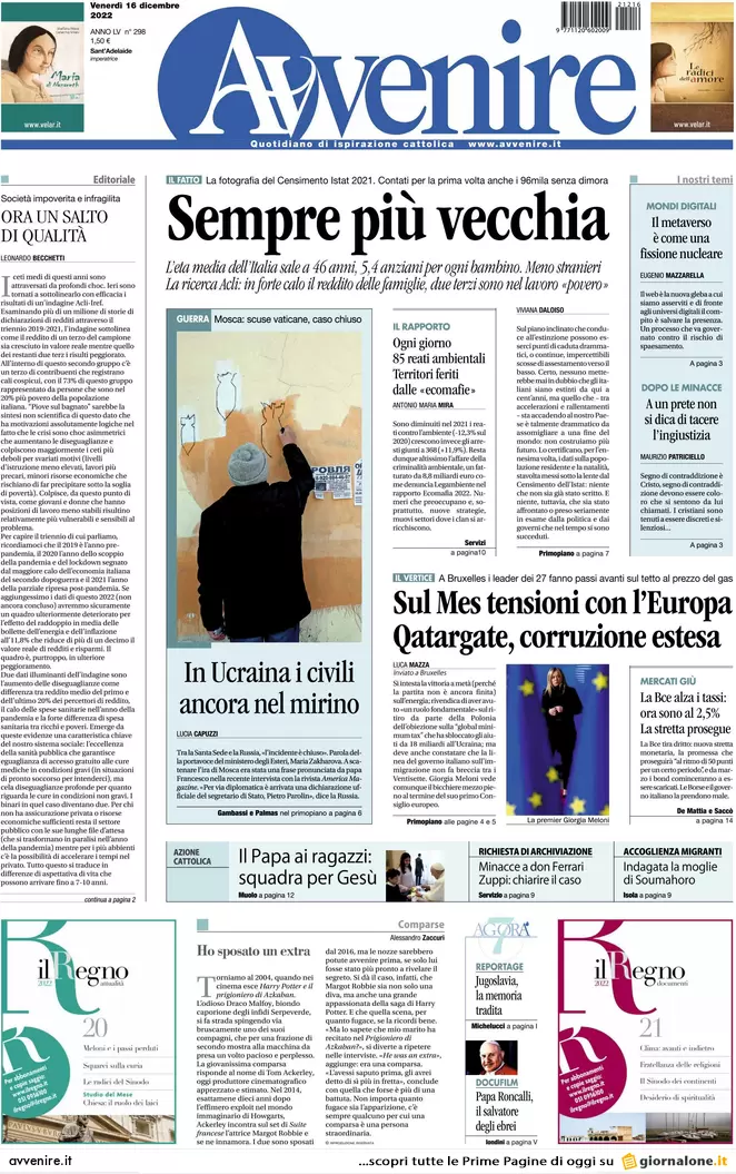 Prime pagine giornali 16 dicembre 2022. Italia-Lagarde, lo scontro è totale