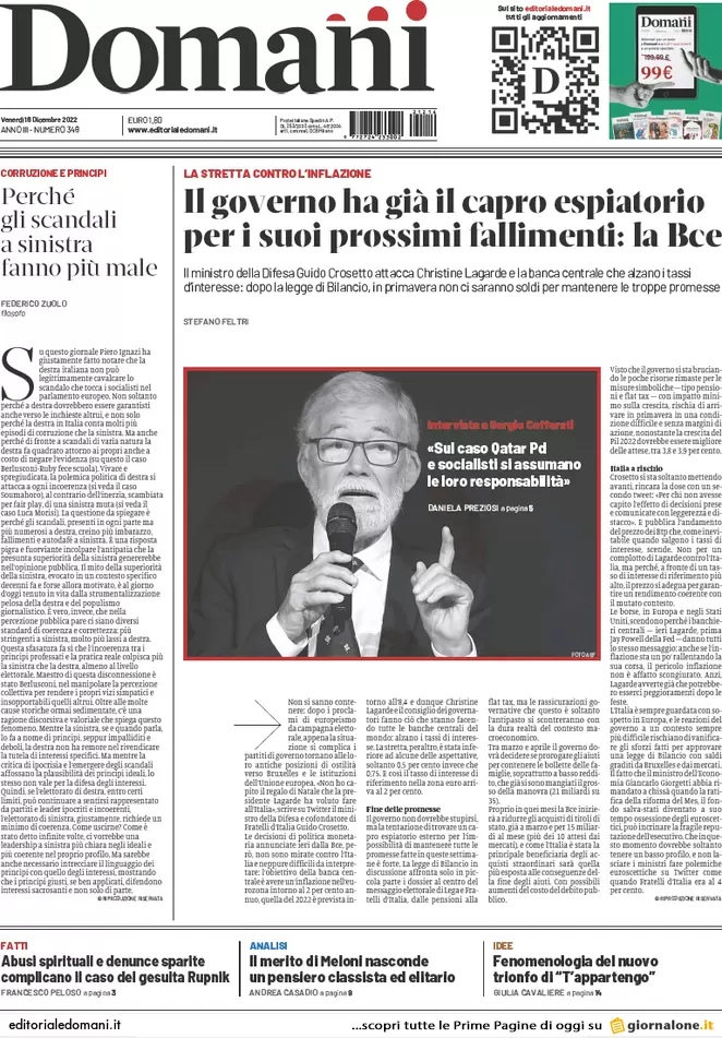 Prime pagine giornali 16 dicembre 2022. Italia-Lagarde, lo scontro è totale