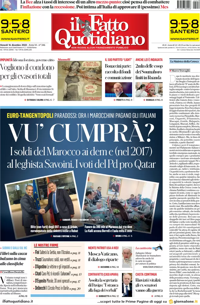 Prime pagine giornali 16 dicembre 2022. Italia-Lagarde, lo scontro è totale