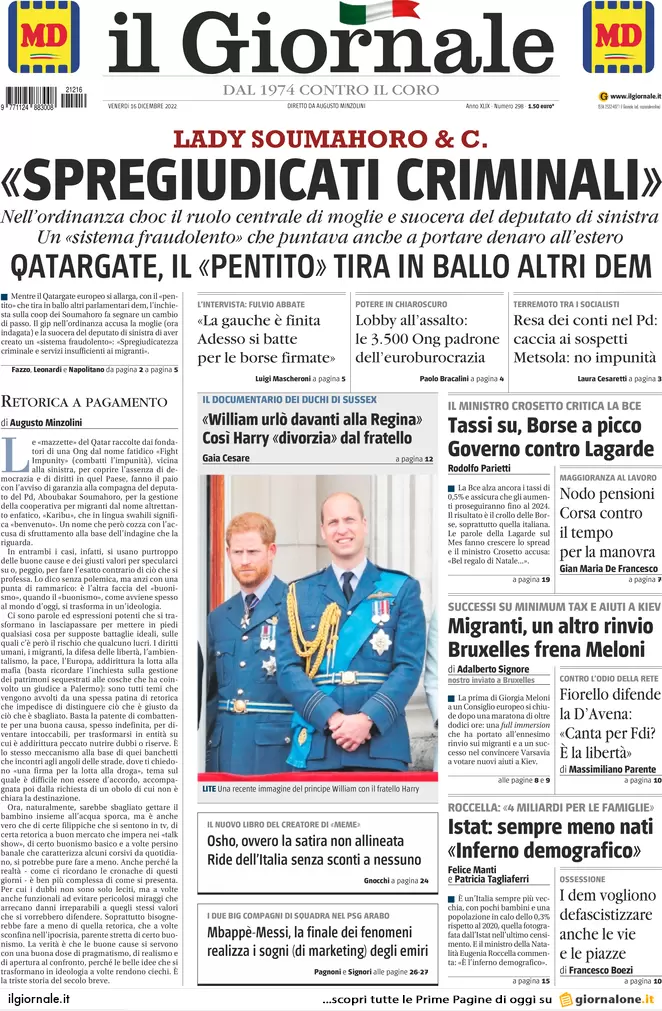 Prime pagine giornali 16 dicembre 2022. Italia-Lagarde, lo scontro è totale