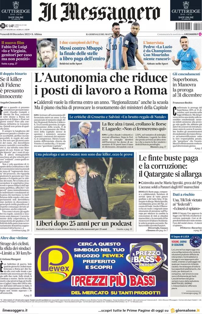 Prime pagine giornali 16 dicembre 2022. Italia-Lagarde, lo scontro è totale
