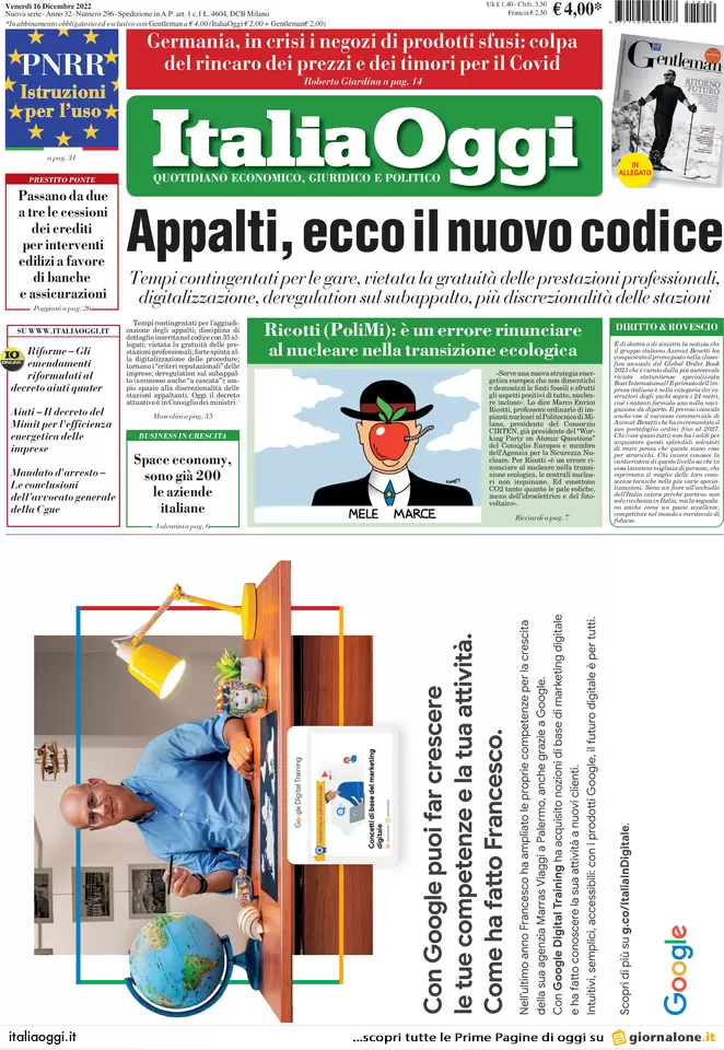 Prime pagine giornali economici 16 dicembre. Mutui più cari, sale lo Spread