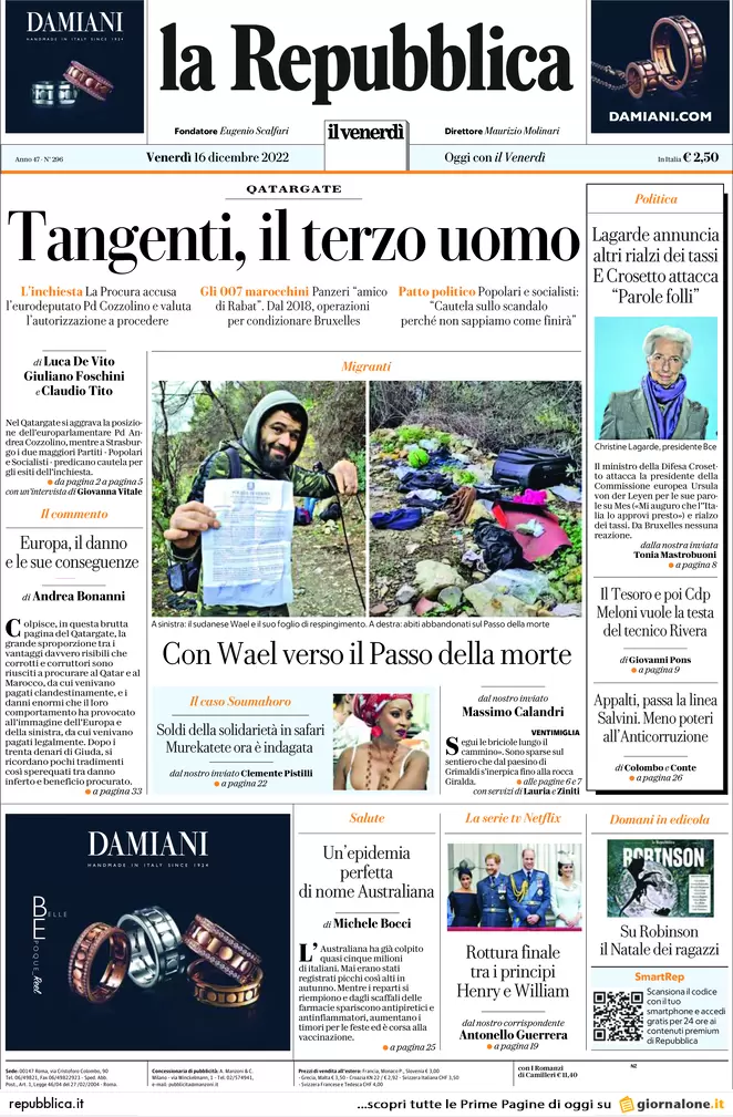 Prime pagine giornali 16 dicembre 2022. Italia-Lagarde, lo scontro è totale