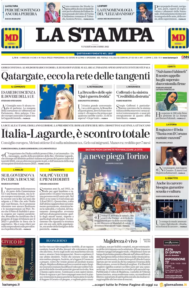 Prime pagine giornali 16 dicembre 2022. Italia-Lagarde, lo scontro è totale