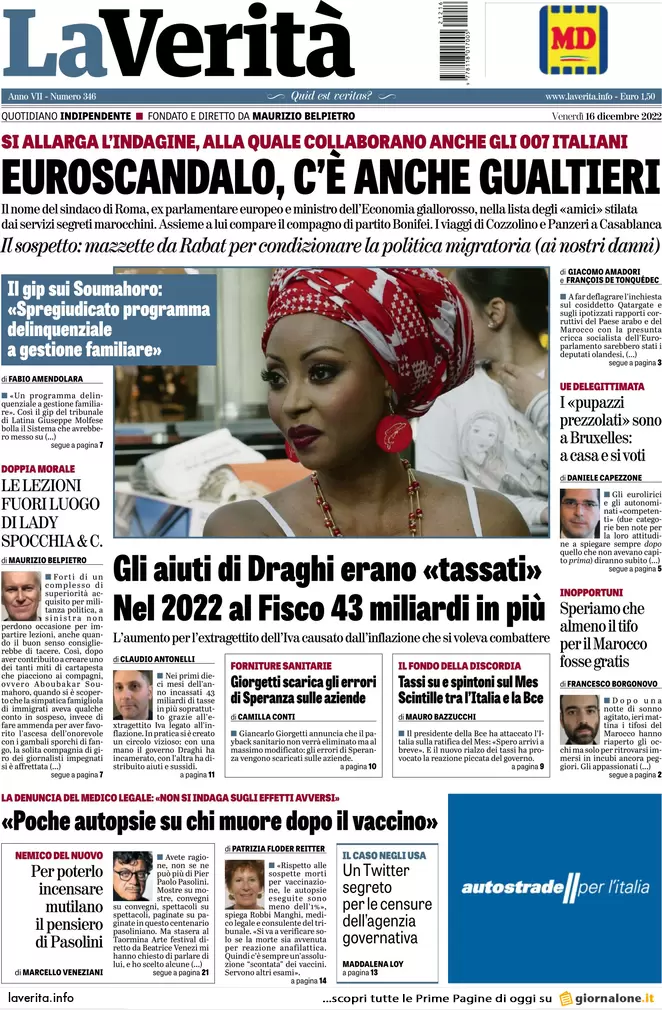 Prime pagine giornali 16 dicembre 2022. Italia-Lagarde, lo scontro è totale