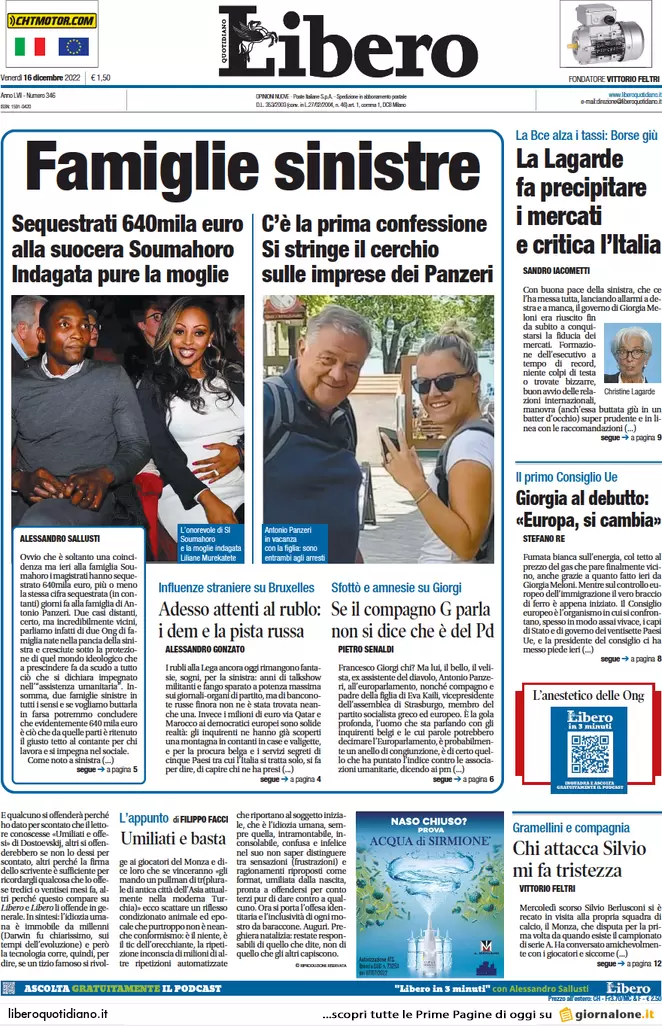 Prime pagine giornali 16 dicembre 2022. Italia-Lagarde, lo scontro è totale