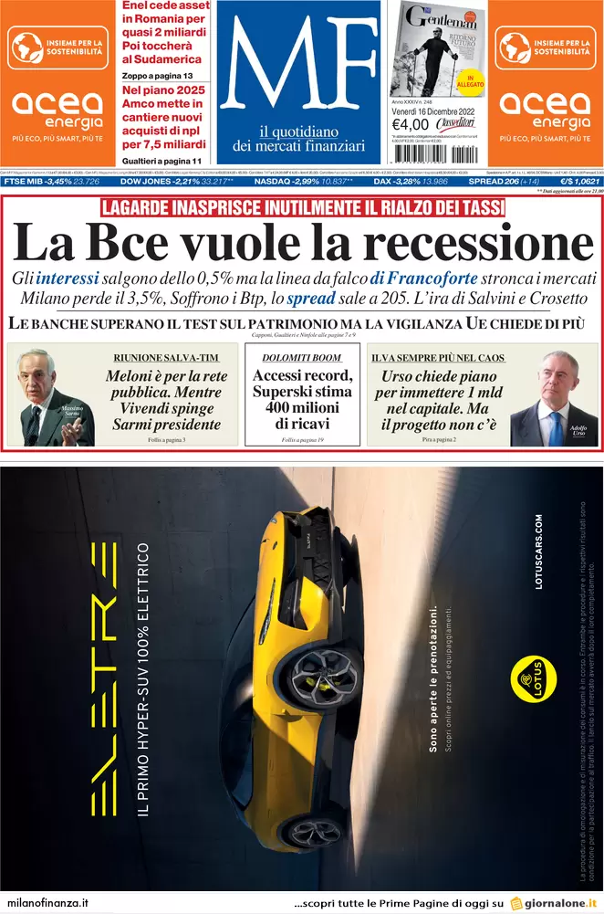 Prime pagine giornali economici 16 dicembre. Mutui più cari, sale lo Spread