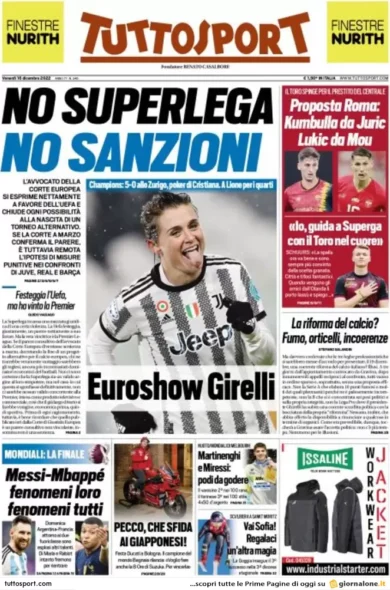 Prime pagine giornali 16 dicembre 2022. Italia-Lagarde, lo scontro è totale