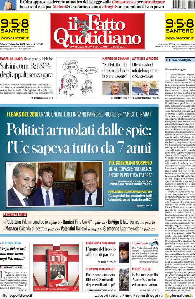 Prime pagine giornali 17 dicembre 2022. Caccia ai soldi di Panzeri a Milano