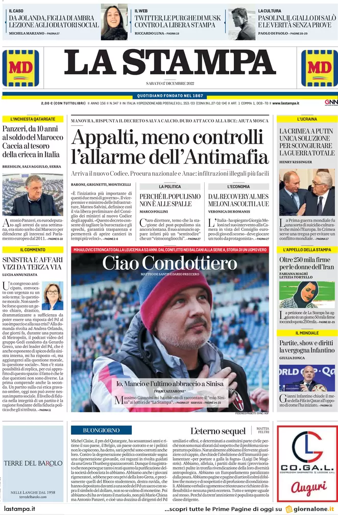 Prime pagine giornali 17 dicembre 2022. Caccia ai soldi di Panzeri a Milano