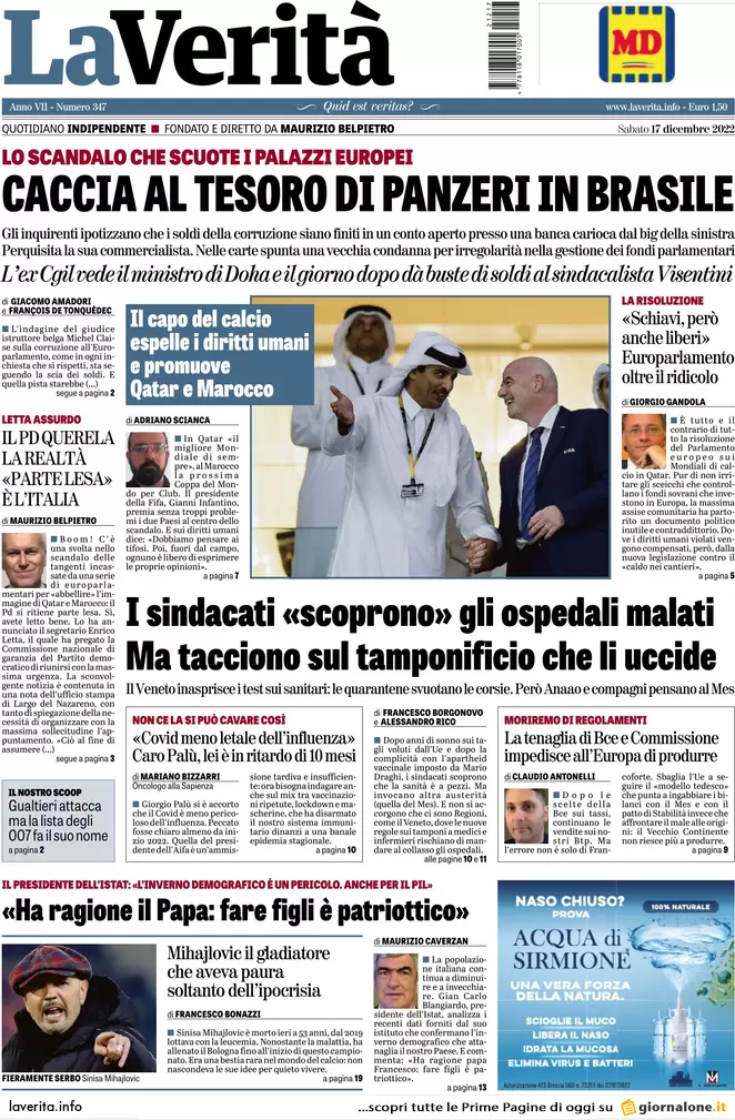 Prime pagine giornali 17 dicembre 2022. Caccia ai soldi di Panzeri a Milano