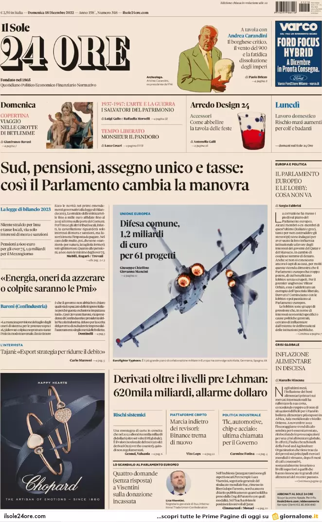 Prime pagine giornali 18 dicembre 2022. I soldi del Qatar e i costi di Lagarde