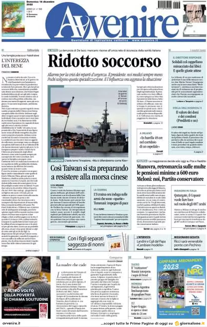 Prime pagine giornali 18 dicembre 2022. I soldi del Qatar e i costi di Lagarde