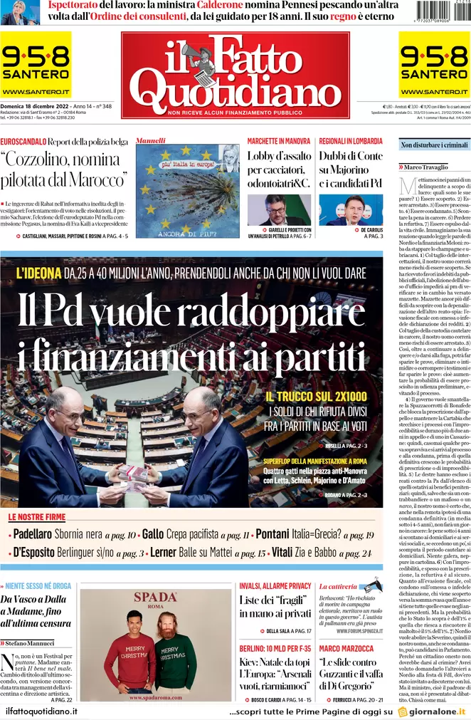 Prime pagine giornali 18 dicembre 2022. I soldi del Qatar e i costi di Lagarde