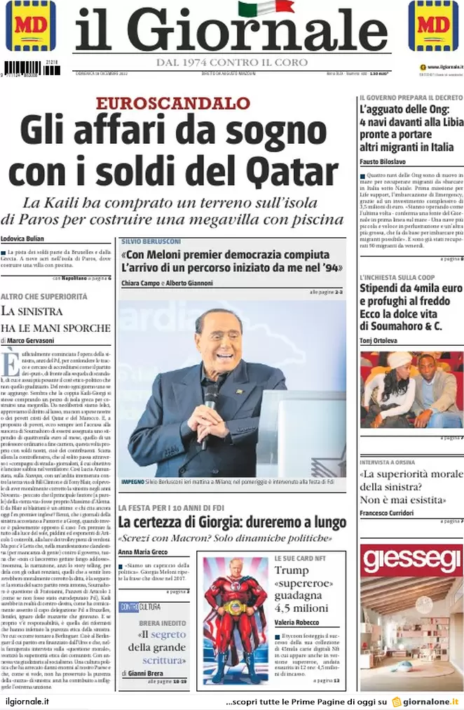Prime pagine giornali 18 dicembre 2022. I soldi del Qatar e i costi di Lagarde