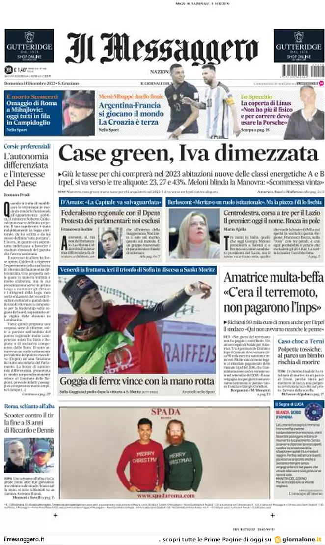 Prime pagine giornali 18 dicembre 2022. I soldi del Qatar e i costi di Lagarde