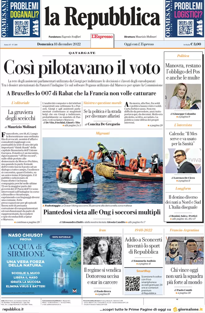 Prime pagine giornali 18 dicembre 2022. I soldi del Qatar e i costi di Lagarde