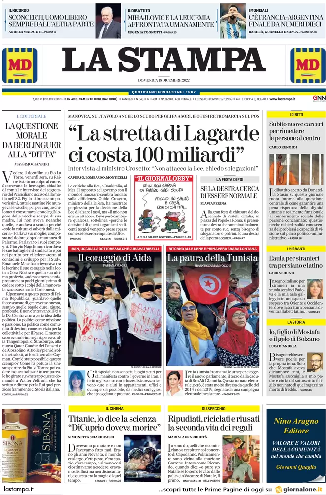 Prime pagine giornali 18 dicembre 2022. I soldi del Qatar e i costi di Lagarde