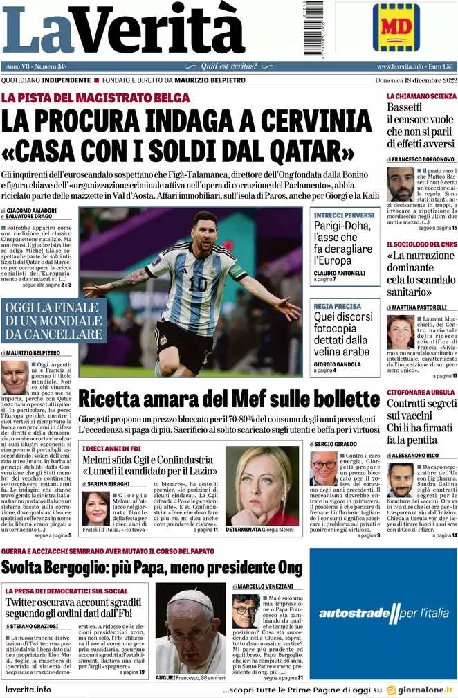 Prime pagine giornali 18 dicembre 2022. I soldi del Qatar e i costi di Lagarde