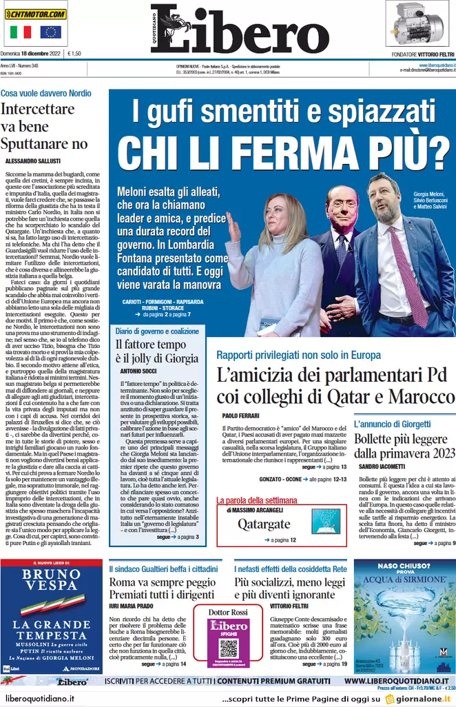 Prime pagine giornali 18 dicembre 2022. I soldi del Qatar e i costi di Lagarde