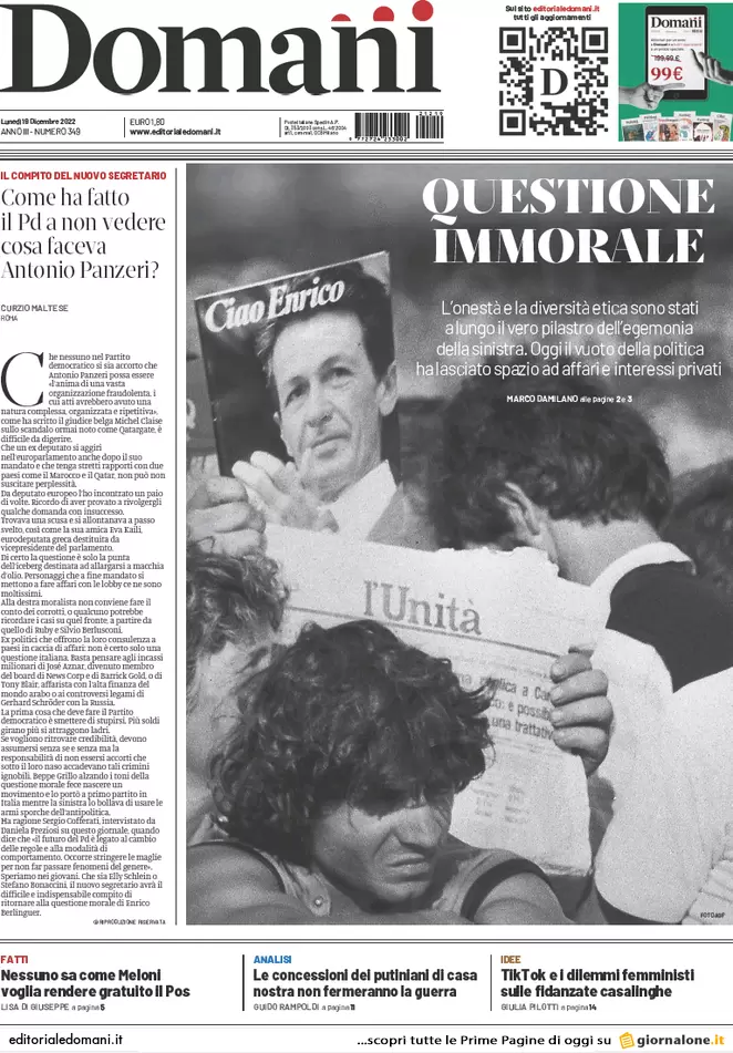 Prime pagine giornali 19 dicembre 2022. Ricatto Qatar sulle forniture di gas Prime pagine giornali 19 dicembre 2022. Ricatto Qatar sulle forniture di gas