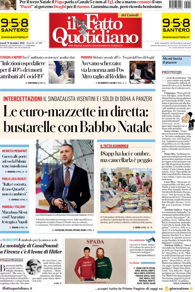 Prime pagine giornali 19 dicembre 2022. Ricatto Qatar sulle forniture di gas Prime pagine giornali 19 dicembre 2022. Ricatto Qatar sulle forniture di gas