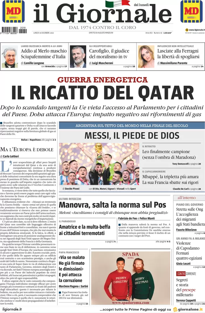 Prime pagine giornali 19 dicembre 2022. Ricatto Qatar sulle forniture di gas Prime pagine giornali 19 dicembre 2022. Ricatto Qatar sulle forniture di gas