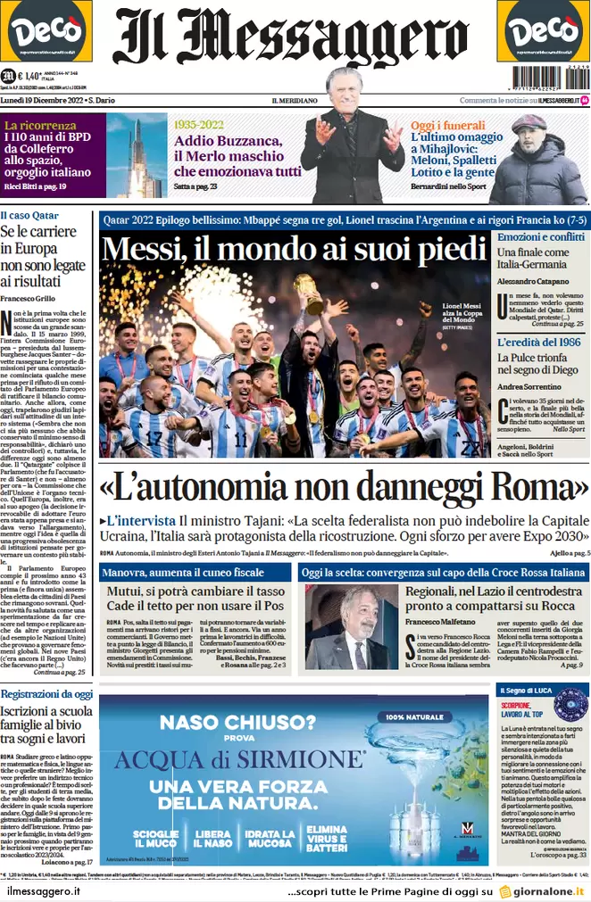 Prime pagine giornali 19 dicembre 2022. Ricatto Qatar sulle forniture di gas Prime pagine giornali 19 dicembre 2022. Ricatto Qatar sulle forniture di gas