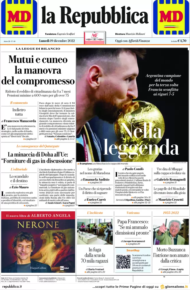 Prime pagine giornali 19 dicembre 2022. Ricatto Qatar sulle forniture di gas Prime pagine giornali 19 dicembre 2022. Ricatto Qatar sulle forniture di gas