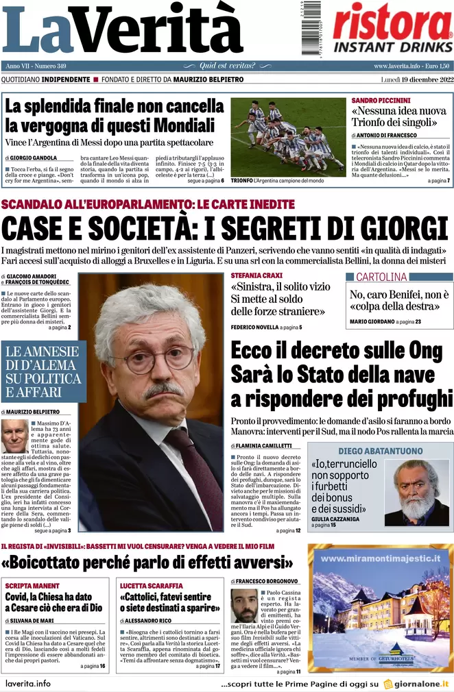 Prime pagine giornali 19 dicembre 2022. Ricatto Qatar sulle forniture di gas Prime pagine giornali 19 dicembre 2022. Ricatto Qatar sulle forniture di gas