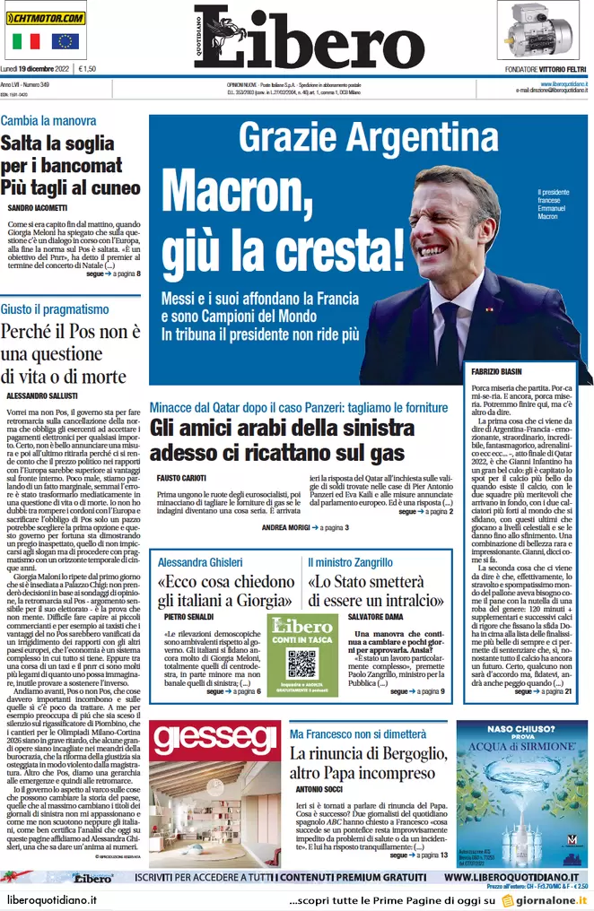Prime pagine giornali 19 dicembre 2022. Ricatto Qatar sulle forniture di gas Prime pagine giornali 19 dicembre 2022. Ricatto Qatar sulle forniture di gas